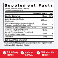 Force Factor NAD+ USA-made facility badge indicating GMP-certified production and third-party testing.