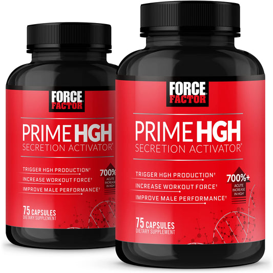 Force Factor Prime HGH Secretion Activator bottle on gym mat for enhanced training focus.