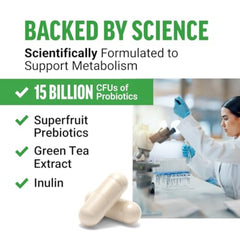 Force Factor ProbioSlim green tea energy capsule highlights EGCG and caffeine.