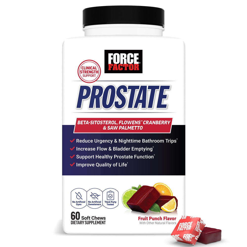 Force Factor Prostate Soft Chews fruit punch tub for daily urinary support.