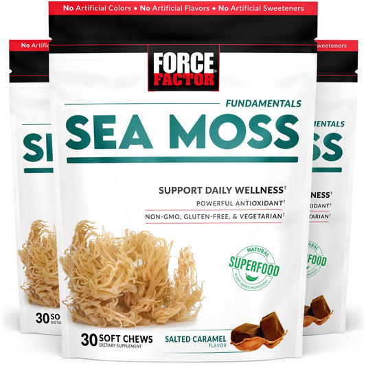 Force Factor Sea Moss Soft Chews front pack highlighting salted caramel flavor for convenient daily wellness