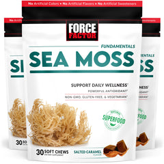 Force Factor Sea Moss Soft Chews front pack highlighting salted caramel flavor for convenient daily wellness