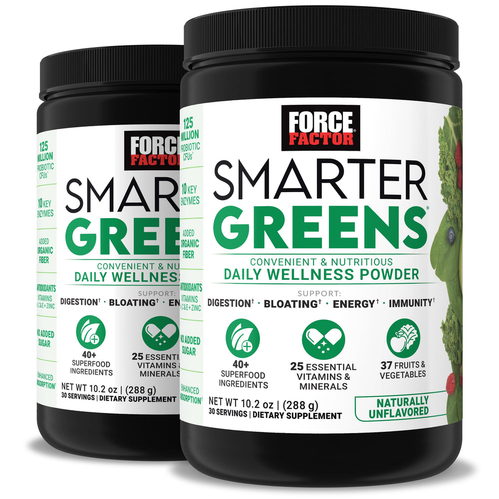 Force Factor Smarter Greens daily wellness powder tub for easy daily nutrition and energy support.