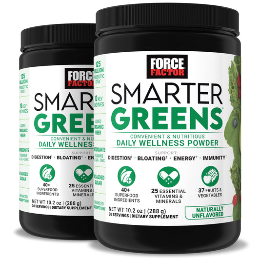 Force Factor Smarter Greens daily wellness powder tub for easy daily nutrition and energy support.