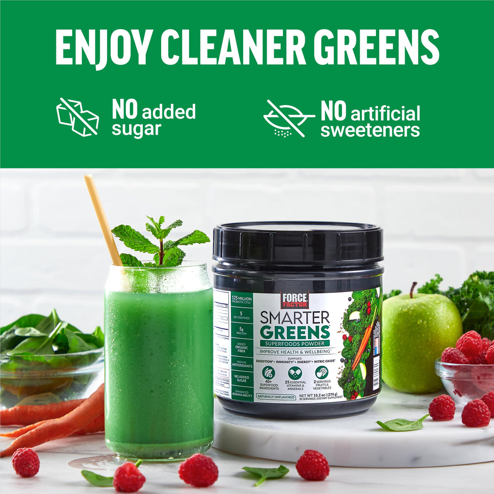 Force Factor Smarter Greens packaging on kitchen counter for everyday use.