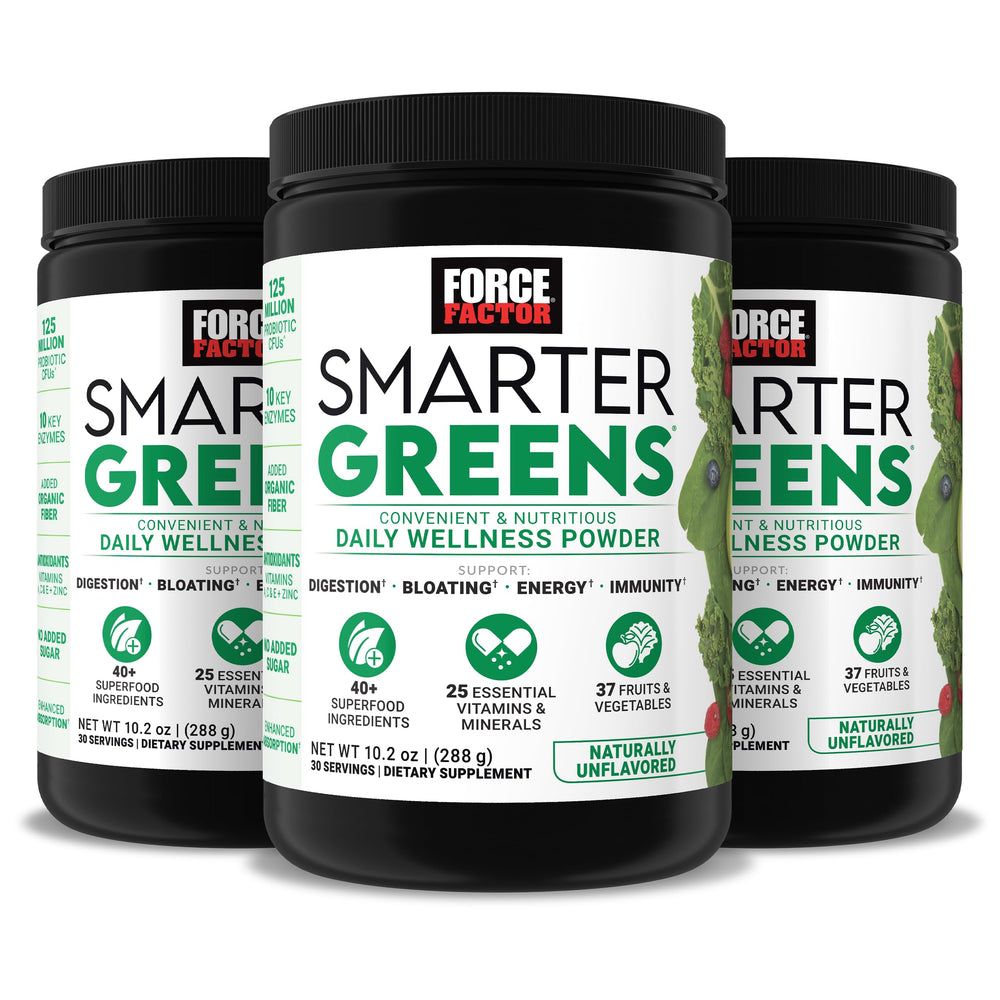 Force Factor Smarter Greens packaging tub shown for daily nutrition on the go