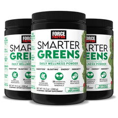 Force Factor Smarter Greens packaging tub shown for daily nutrition on the go