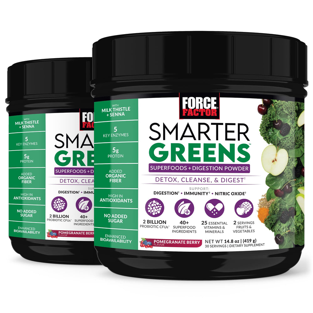 Force Factor Smarter Greens powder bottle on the counter for daily digestion support.