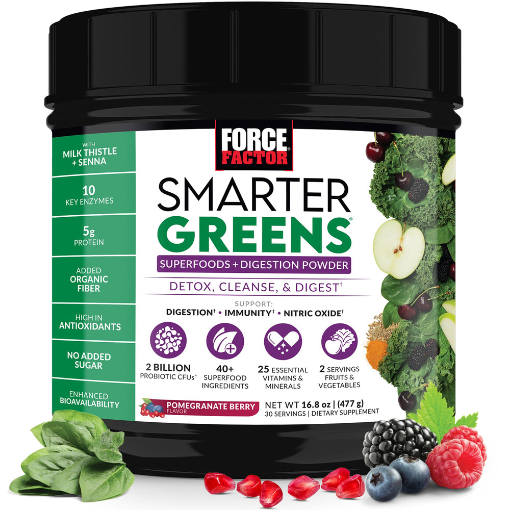 Force Factor Smarter Greens powder tub displaying 40+ superfoods for daily energy