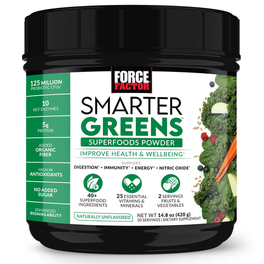 Force Factor Smarter Greens powder tub ready for daily energy support.