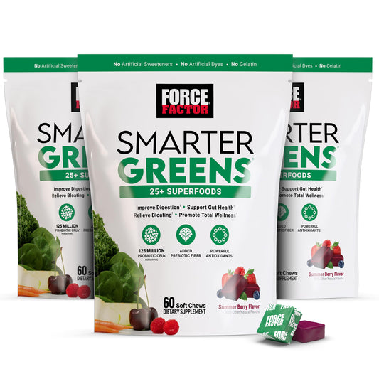 FORCE FACTOR Smarter Greens Soft Chews bottle closeup for convenient daily nutrition