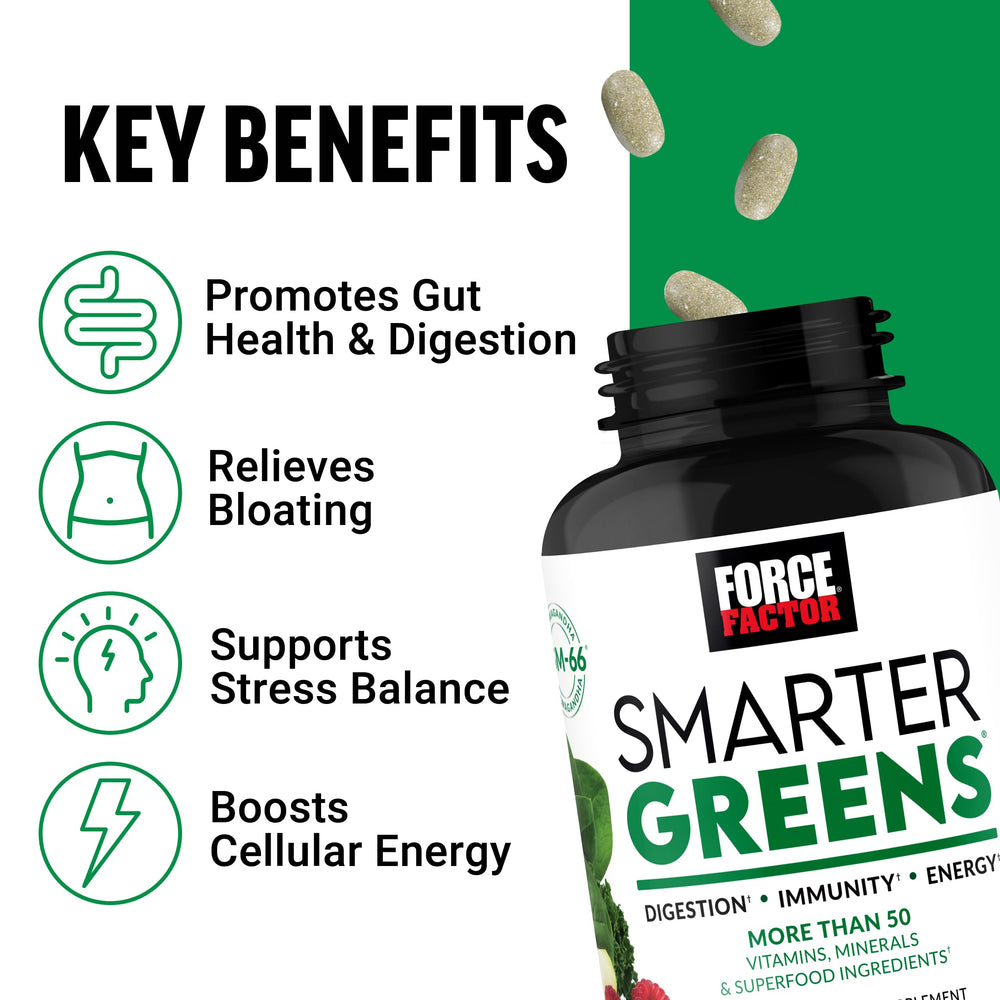 Force Factor Smarter Greens bottle back label showcases 25+ superfoods