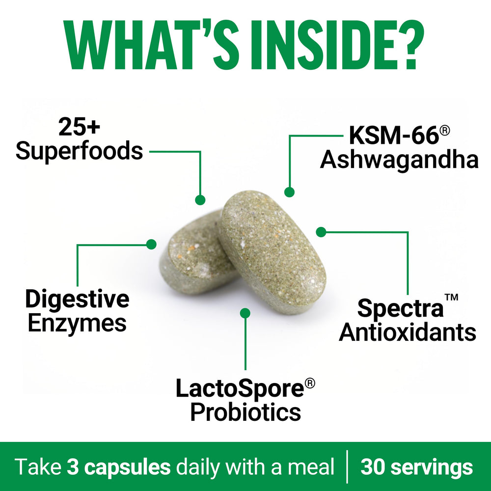 Force Factor Smarter Greens tablets poured into a glass for easy daily use