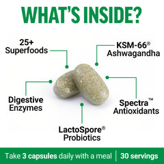 Force Factor Smarter Greens tablets poured into a glass for easy daily use
