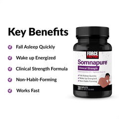 Force Factor Somnapure Clinical Strength bottle label shows dosage details for night use.