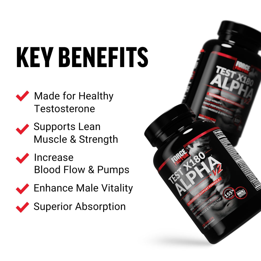 Force Factor Test X180 Alpha V2 bottle back panel showing ingredients for vitality
