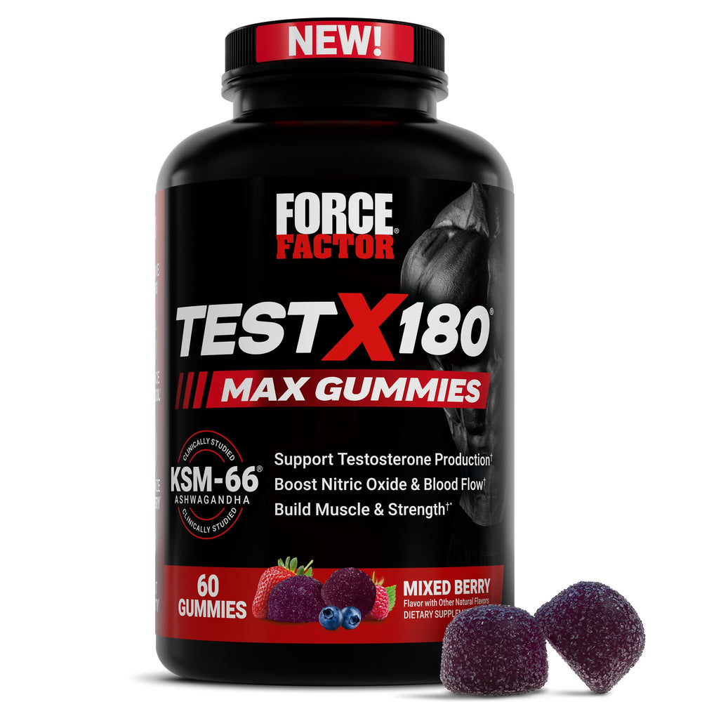Force Factor Test X180 Max bottle with mixed berry gummies for daily energy.