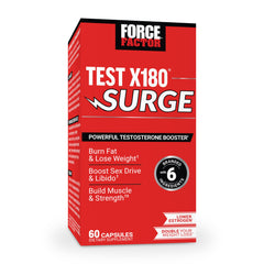 Force Factor Test X180 Surge bottle highlighting testosterone support for men's vitality in workouts