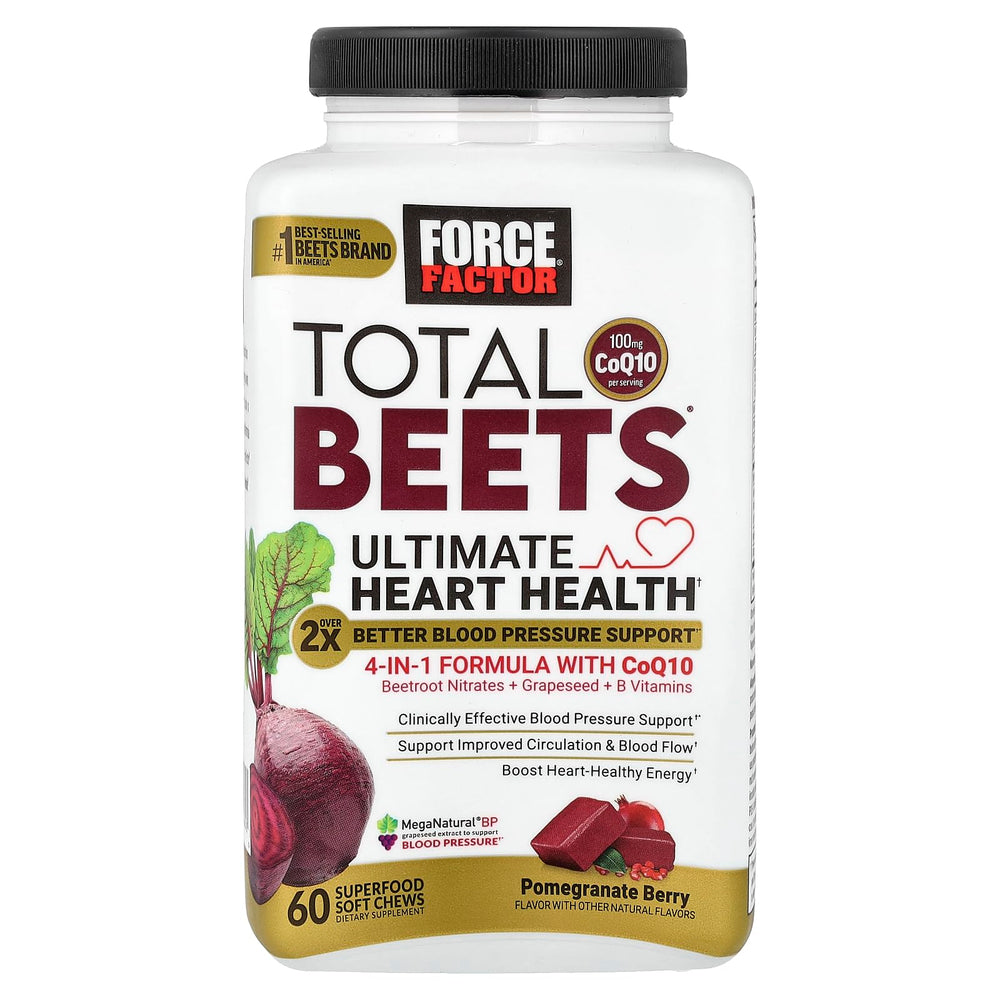 Force Factor Total Beets bottle label featuring beetroot powder and CoQ10 for energy support.
