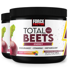 Force Factor Total Beets Energy Powder bottle pour shows quick energy lift