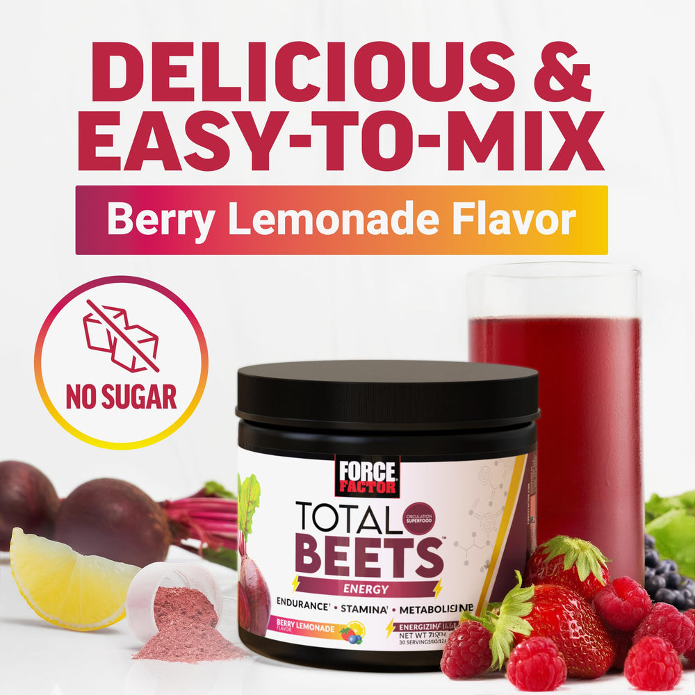 Force Factor Total Beets Energy Powder mixing in water for a quick refresh
