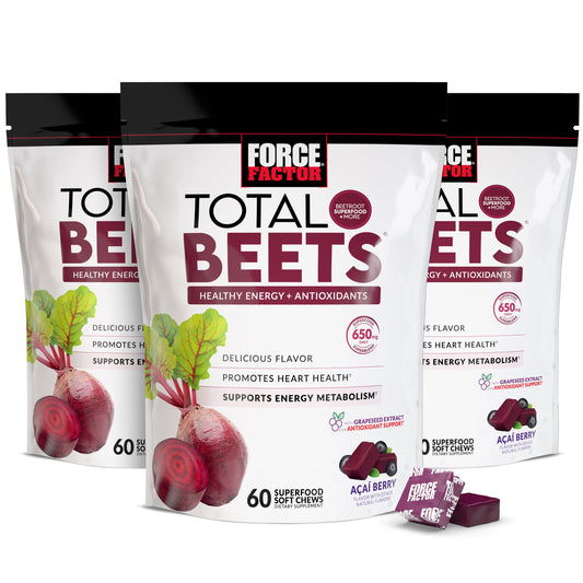 Force Factor Total Beets soft chews unwrapped in hand for on the go energy