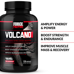 Force Factor Volcano tub packaging highlights 120-count supply for workouts