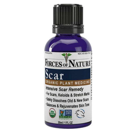 Forces of Nature Scar Control bottle label highlighting organic formula for scar care.