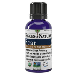 Forces of Nature Scar Control bottle label highlighting organic formula for scar care.