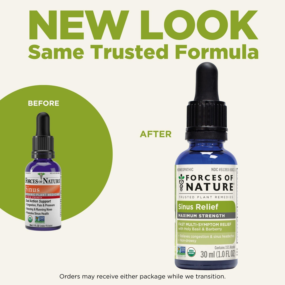 Forces of Nature Sinus Relief under tongue drops ready for on-the-go use.