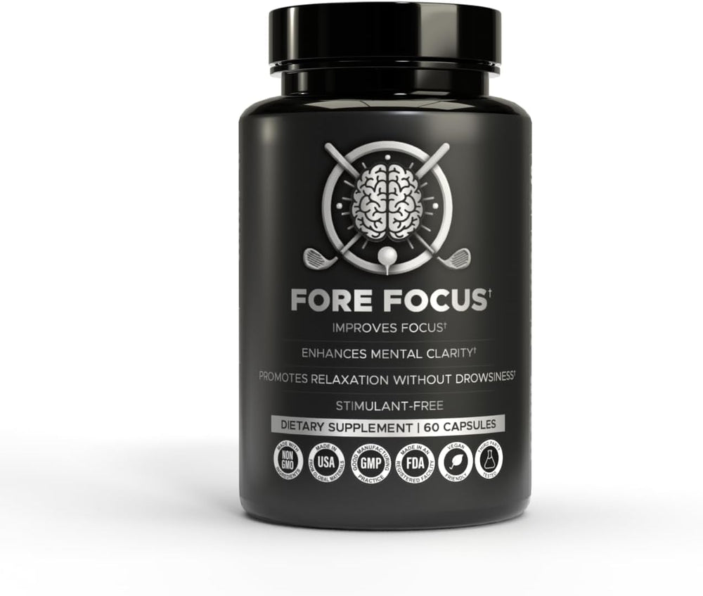Fore Focus bottle front shows sleek packaging and supports calm focus for sports and study.