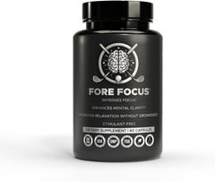 Fore Focus bottle front shows sleek packaging and supports calm focus for sports and study.