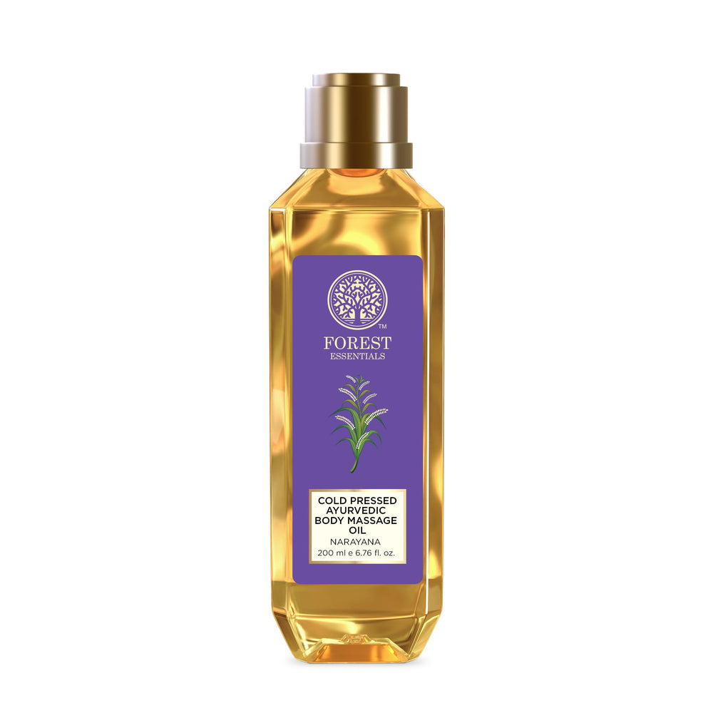 Forest Essentials Narayana body oil bottle pour for smooth, relaxing massage