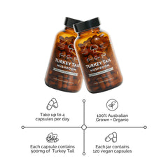 Forest Super Foods full-spectrum Turkey Tail capsules with whole mushroom and mycelium.