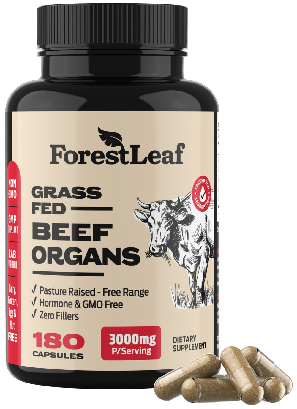 ForestLeaf 180-capsules bottle on kitchen counter suggests easy daily routine.