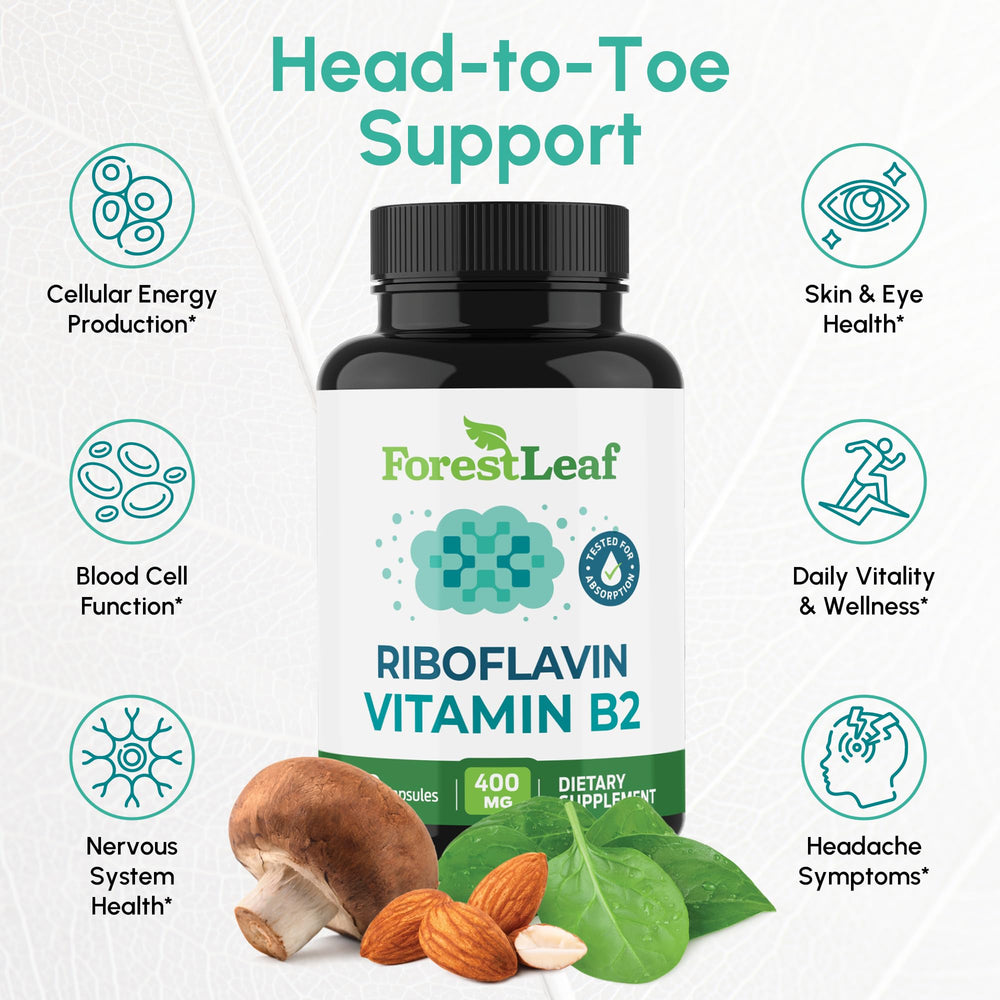 ForestLeaf B2 riboflavin bottle front promotes daily energy and general wellness.