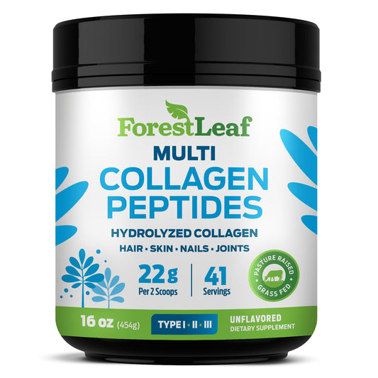 ForestLeaf collagen powder bottle shows unflavored supplement for daily hair, skin, and joint support.