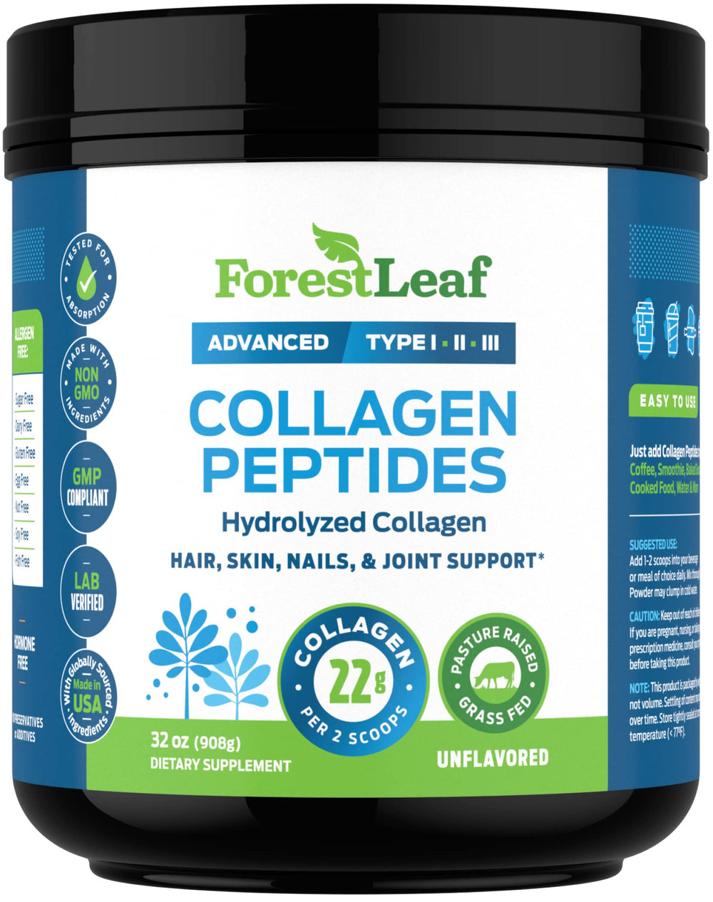 ForestLeaf collagen powder serving 11g per scoop.