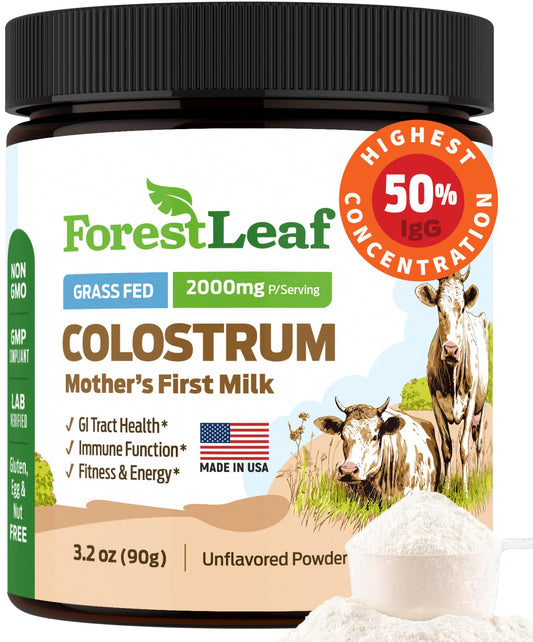 ForestLeaf Colostrum Powder bottle on counter for daily immune support