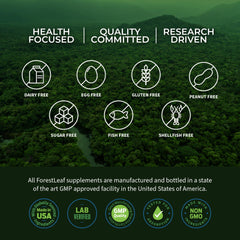 ForestLeaf product shot highlights hormone-free, non-GMO, and allergen-friendly attributes.