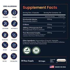 ForestLeaf NAD Resveratrol with D-Ribose and pomegranate highlights ingredients.