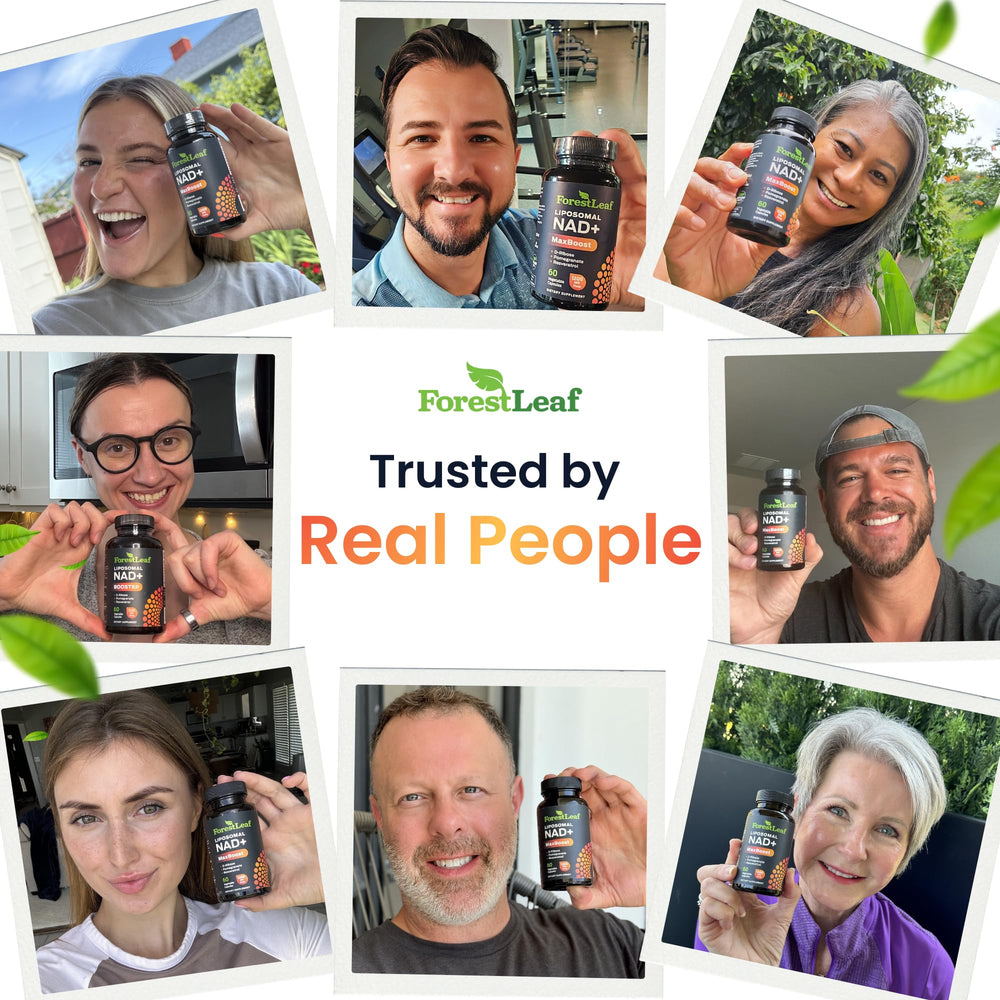 ForestLeaf NAD Resveratrol GMP facility badge indicates strict manufacturing.