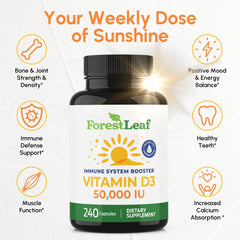 ForestLeaf Vitamin D3 50,000 IU label close-up emphasizes clean label and quality ingredients.