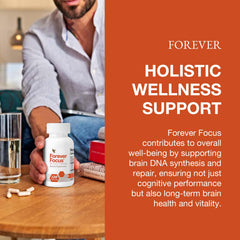 Forever Focus bottle beside gym gear implying support for workouts and productivity
