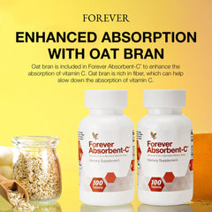 Label close-up of Absorbent-C ingredients including vitamin C and oat bran