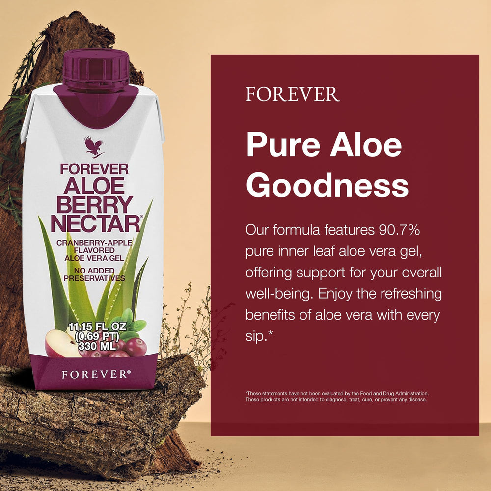 Forever Living Aloe Berry Nectar with cranberries and apples, highlighting tangy flavor and nutrients.