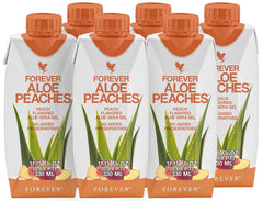 Forever Living Aloe Peaches bottle closeup highlighting pure aloe and peach flavor.