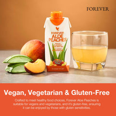 Forever Living Aloe Peaches gluten-free vegan claim with clean ingredients.
