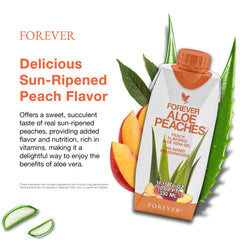 Forever Living Aloe Peaches label detail emphasizing vegan and gluten-free formula.