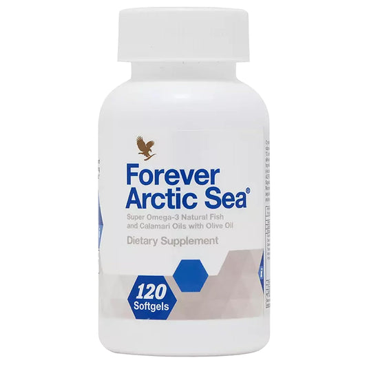 Forever Living Arctic Sea Omega-3 bottle and softgels, supporting heart health.